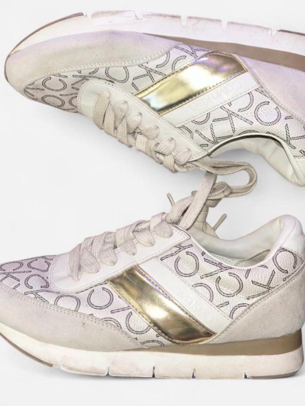 Calvin Klein Women's Off-White Logo Sneakers with Gold Accent